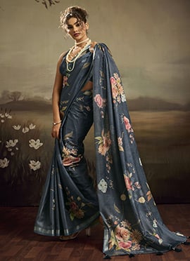 Blue Jacquard Silk Floral Woven Saree