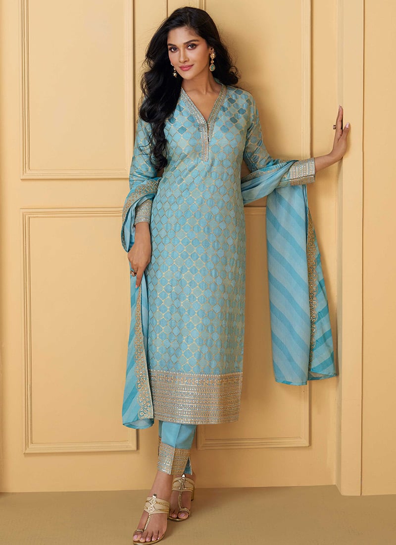 Blue Jacquard Silk Gota Embroidered Sequins Straight Pant Suit Festive Wear