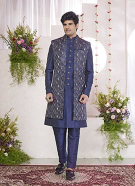 Blue Jacquard Silk Indowestern Sherwani Wedding Wear