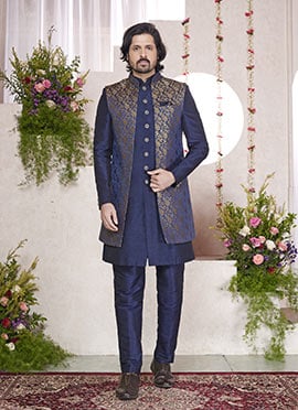 Blue Jacquard Silk Indowestern Sherwani