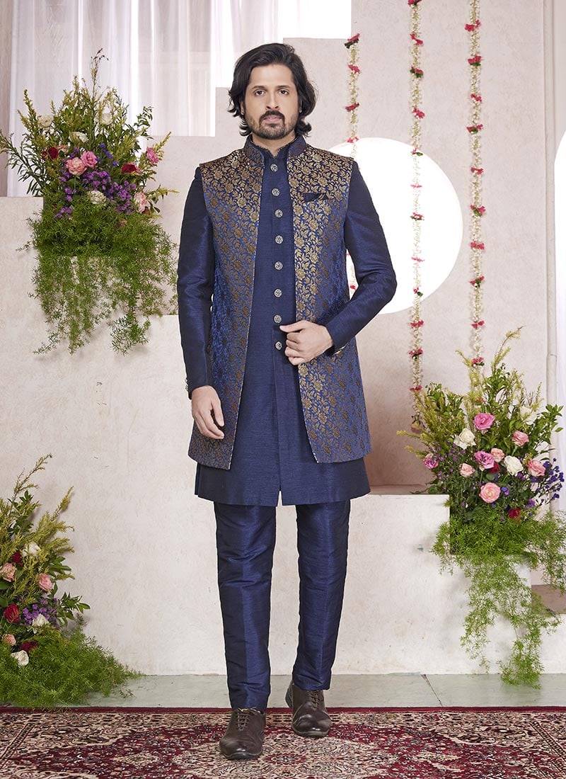 Blue Jacquard Silk Indowestern Sherwani Wedding Wear