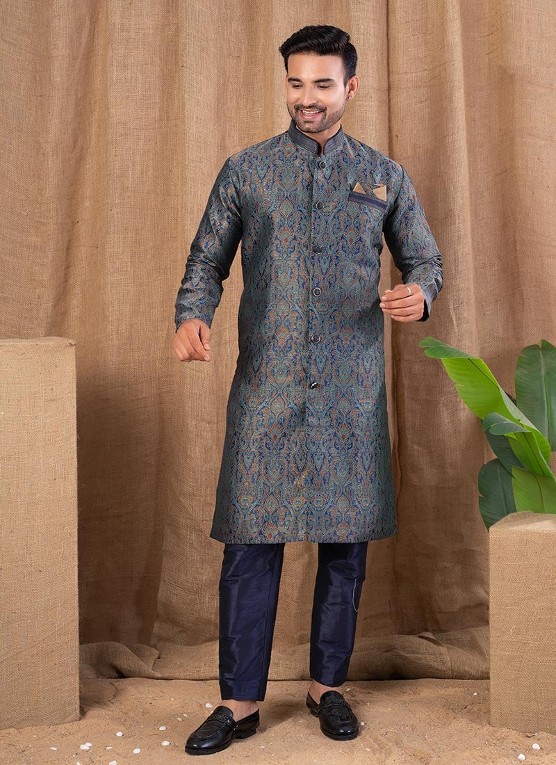 Blue Jacquard Silk Indowestern Sherwani Festive Wear