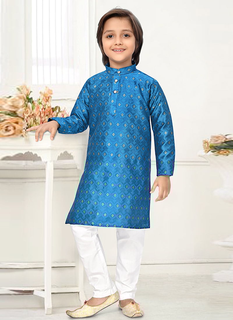 Blue Jacquard Silk Kids Kurta Pyjama Set Designed With Elegant Woven Detailing Festive Wear
