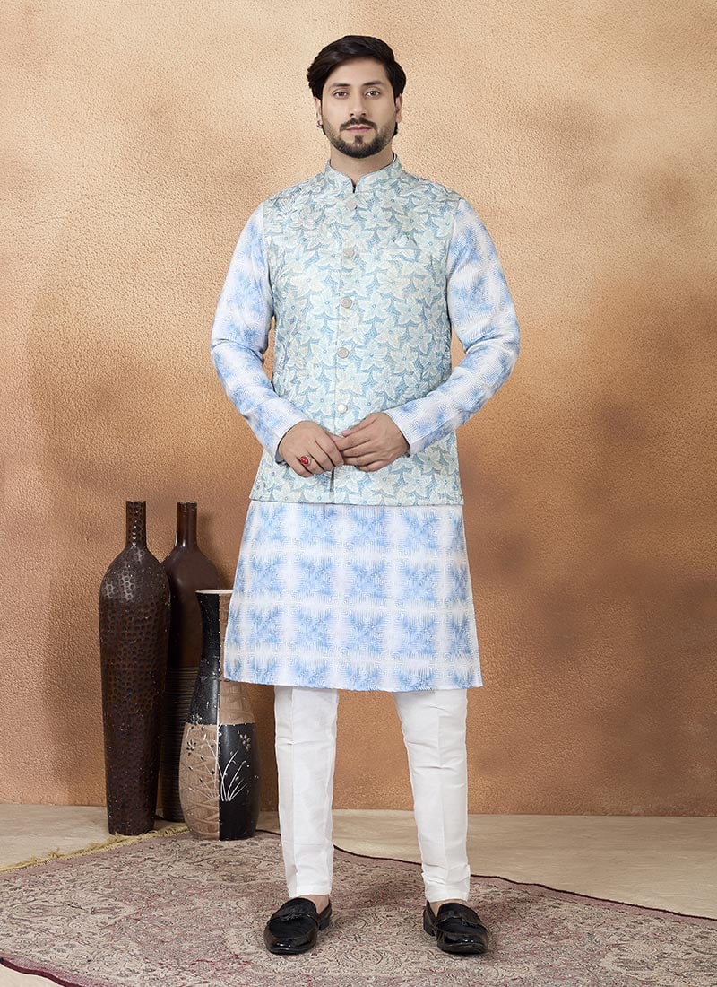 Blue Jacquard Silk Nehru Jacket For Men