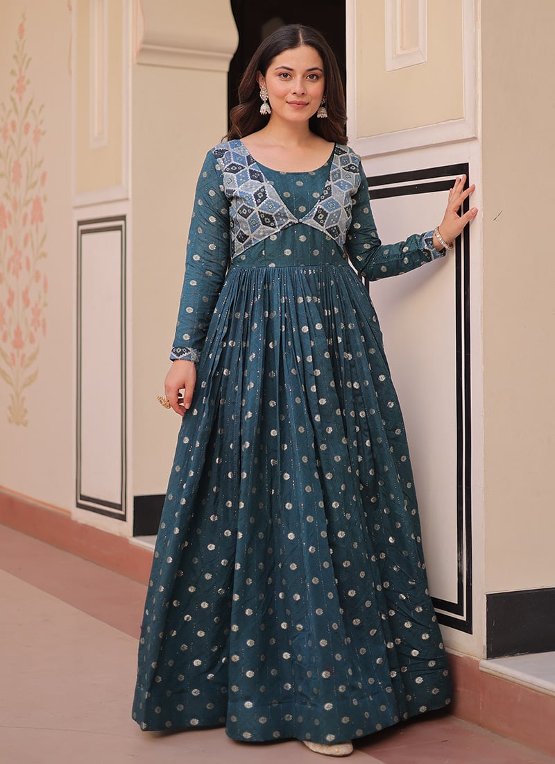 Blue Jacquard Silk Printed Anarkali Gown Festive Wear