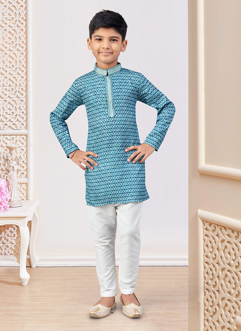Blue Jacquard Silk Printed With Zari Work Boys Kurta Pyjama Festive Wear