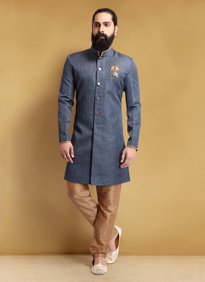 Blue Jacquard Silk Soild Stitched Indowestern Sherwani