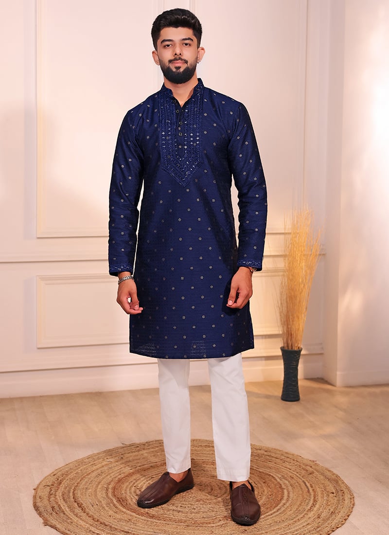 Blue Jacquard Silk Thread Embroidered Kurta Pyjama Festive Wear