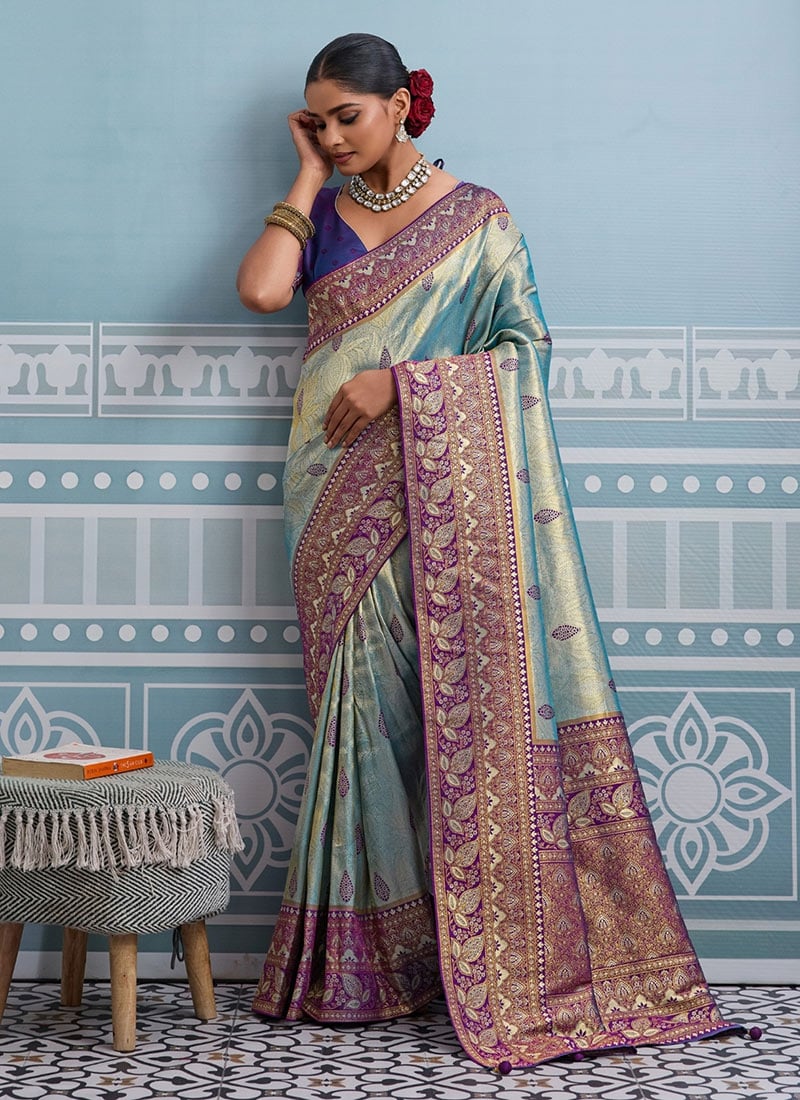 Blue Kanjivaram Soft Silk Zari Saree Festive Wear