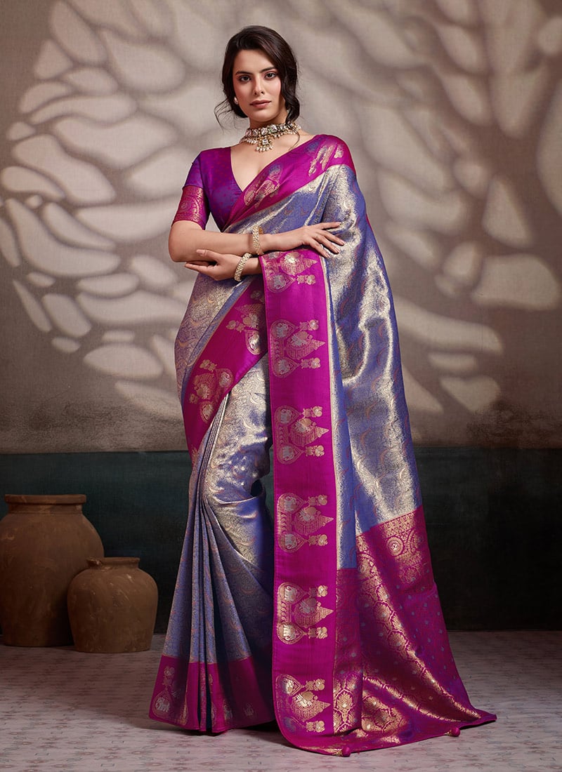 Blue Kanjivaram Soft Silk Zari Woven Saree Festive Wear