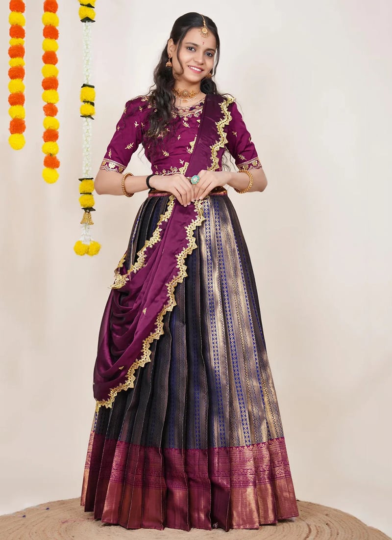Blue Kanjiveram Silk Jacquard Zari Embroidered A Line Lehenga Festive Wear