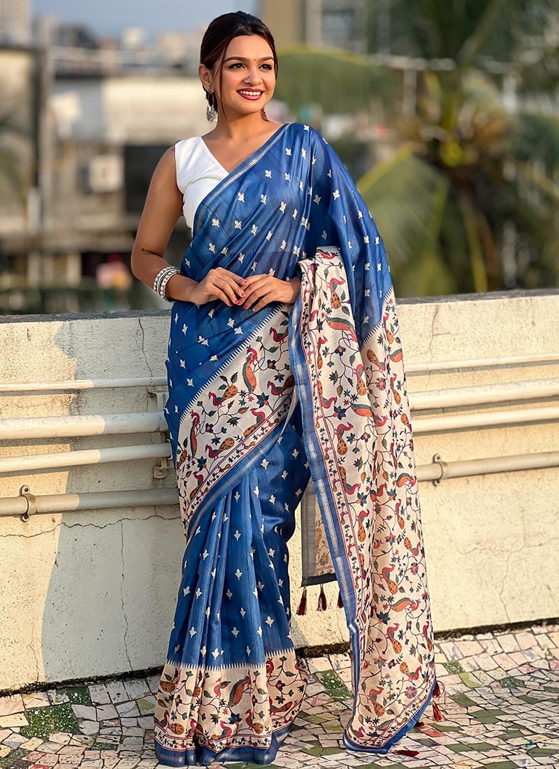 Blue Katki Silk Kalamkari Floral Print Saree After Six Wear