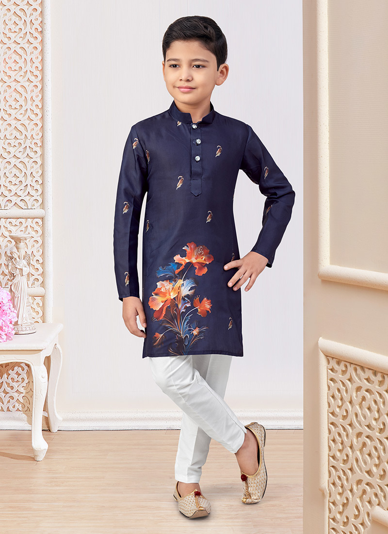 Blue Kenzo Silk Floral Painted Boys Kurta Pyjama