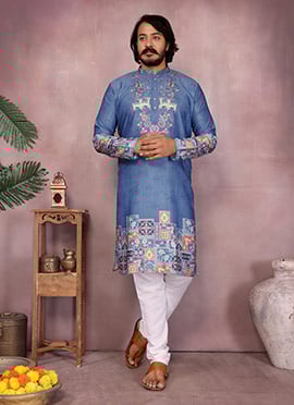 Blue Khadi Cotton Embroidered Sequins Kurta Pyjama Set