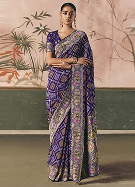 Blue Khadi Georgette Bandhej Woven Work Jacquard Saree