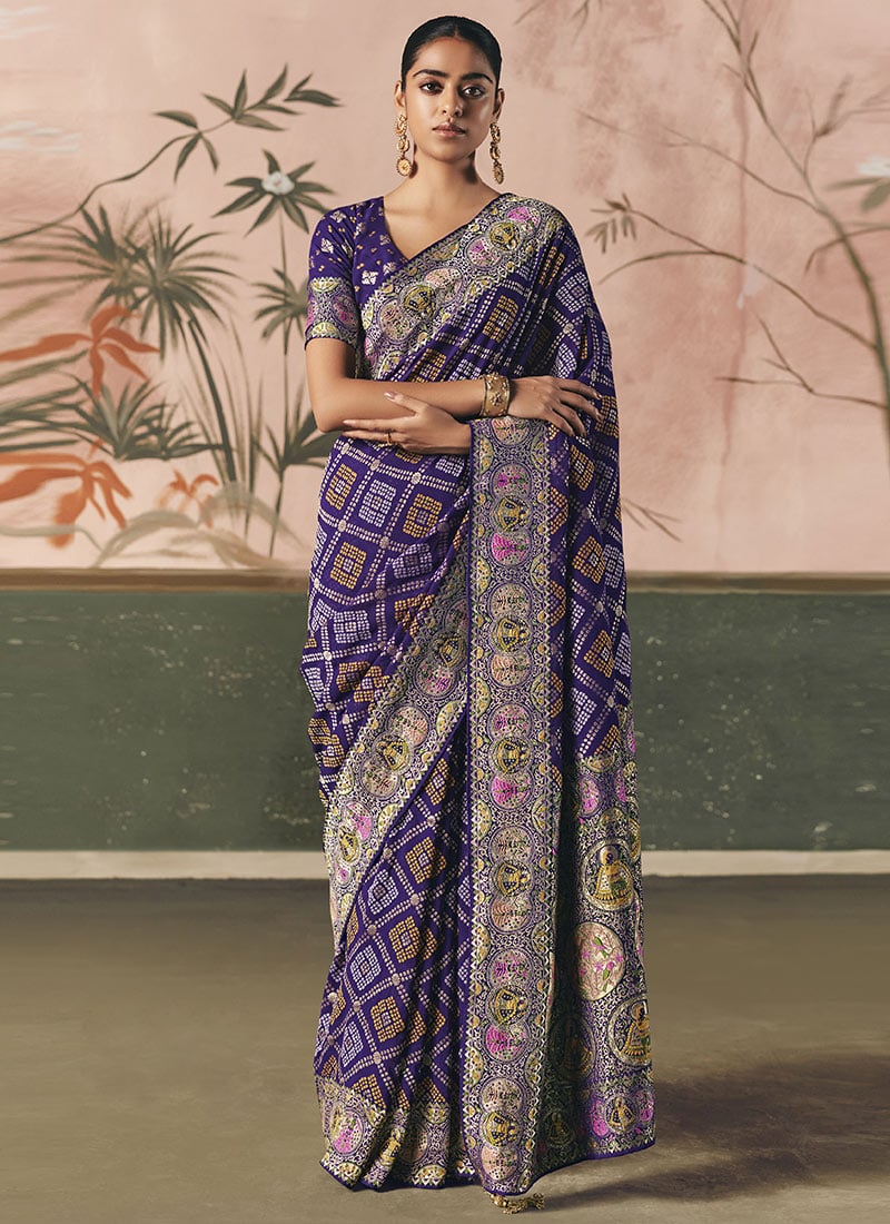 Blue Khadi Georgette Bandhej Woven Work Jacquard Saree Festive Wear