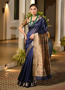 Blue Khadi Raw Silk Madhubani Printed Zari Woven Saree