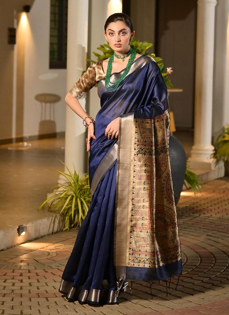 Blue Khadi Raw Silk Madhubani Printed Zari Woven Saree
