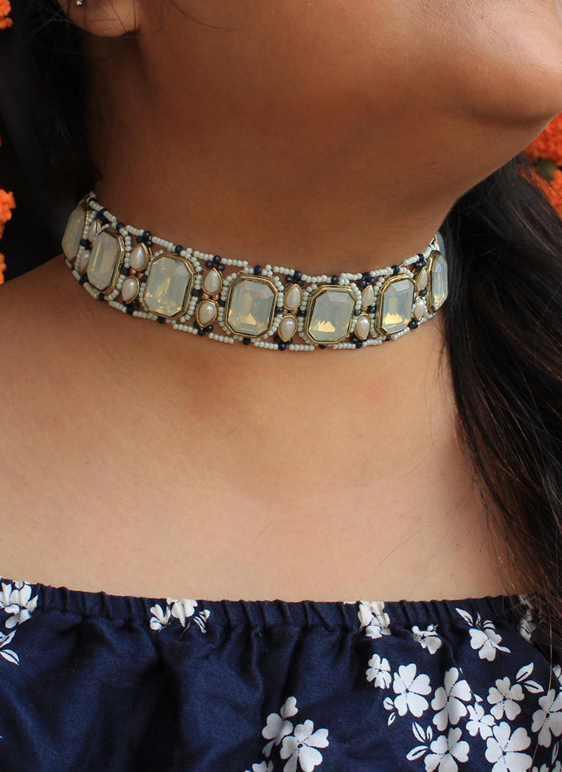 Blue Kundan And Beads Choker Festive Wear