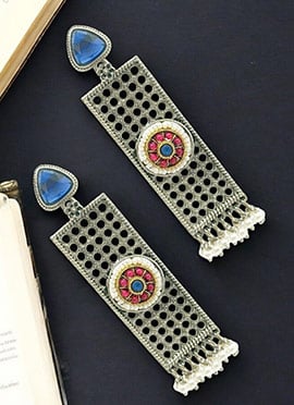 Blue Kundan And Beads Oxidised Danglers