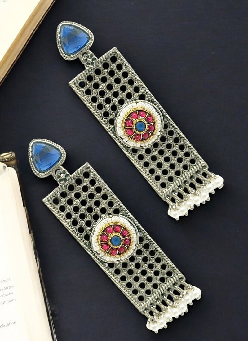 Blue Kundan And Beads Oxidised Danglers Festive Wear