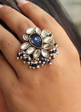 Blue Kundan And Beads Work Ring