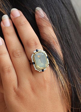 Blue Kundan And Beads Work Ring