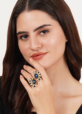 Blue Kundan And Beads Work Ring