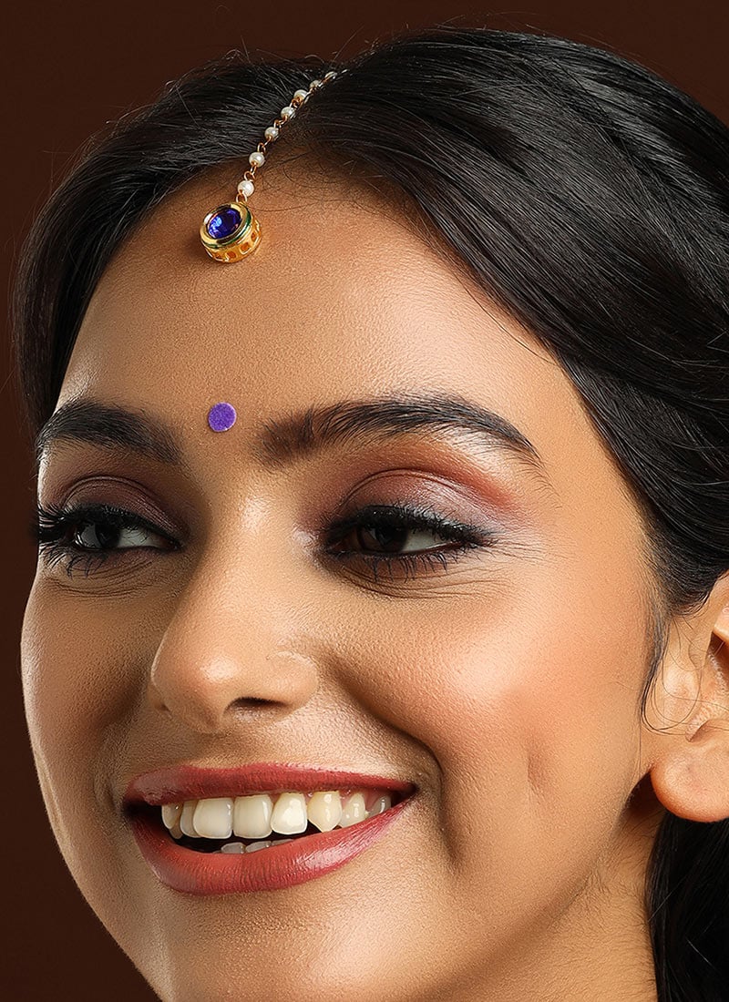Blue Kundan Beaded Mangtikka Festive Wear