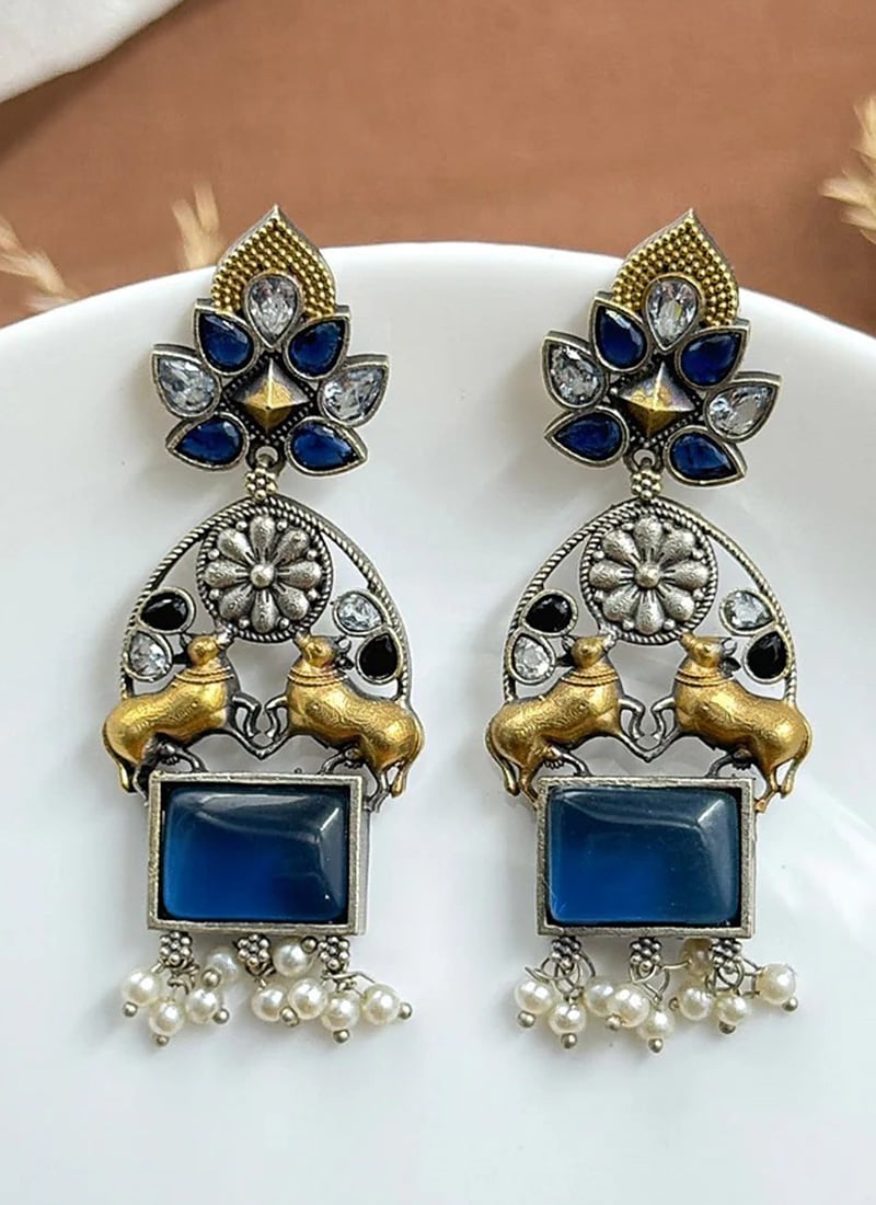 Blue Kundan Beaded Motif Dangler Earrings Festive Wear