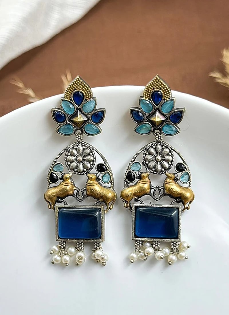 Blue Kundan Beaded Motif Dangler Earrings Festive Wear