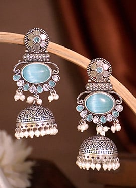 Blue Kundan Beads Jhumka Earrings For Women