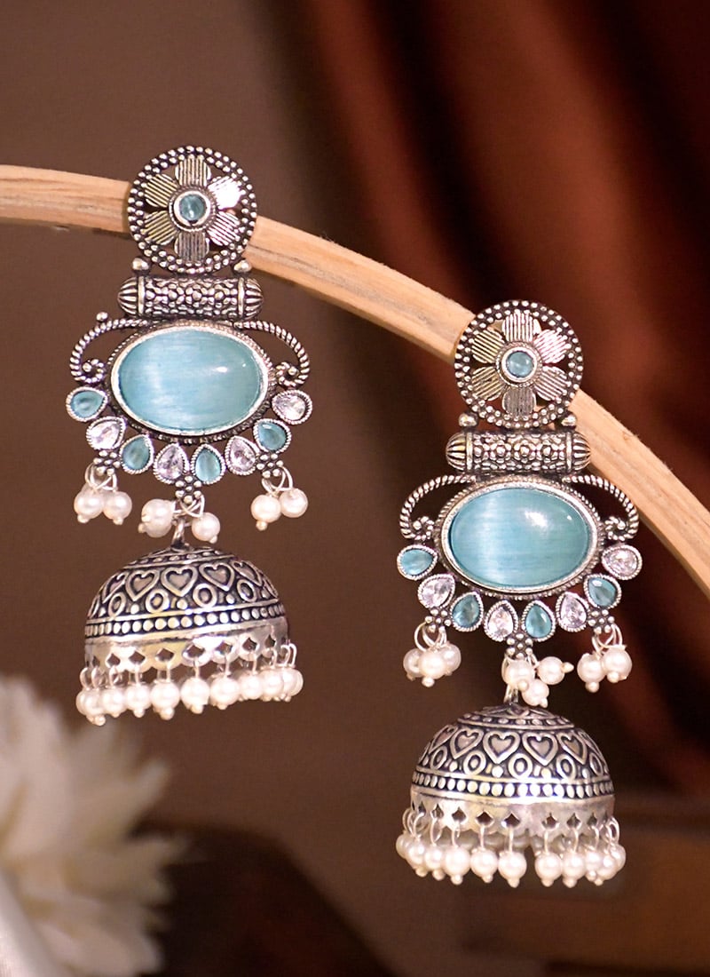 Blue Kundan Beads Jhumka Earrings For Women Festive Wear