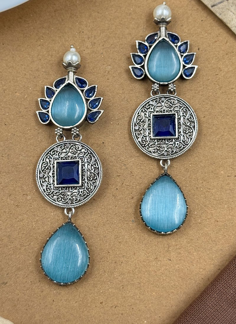 Blue Kundan Long Dangle Earrings For Women Festive Wear