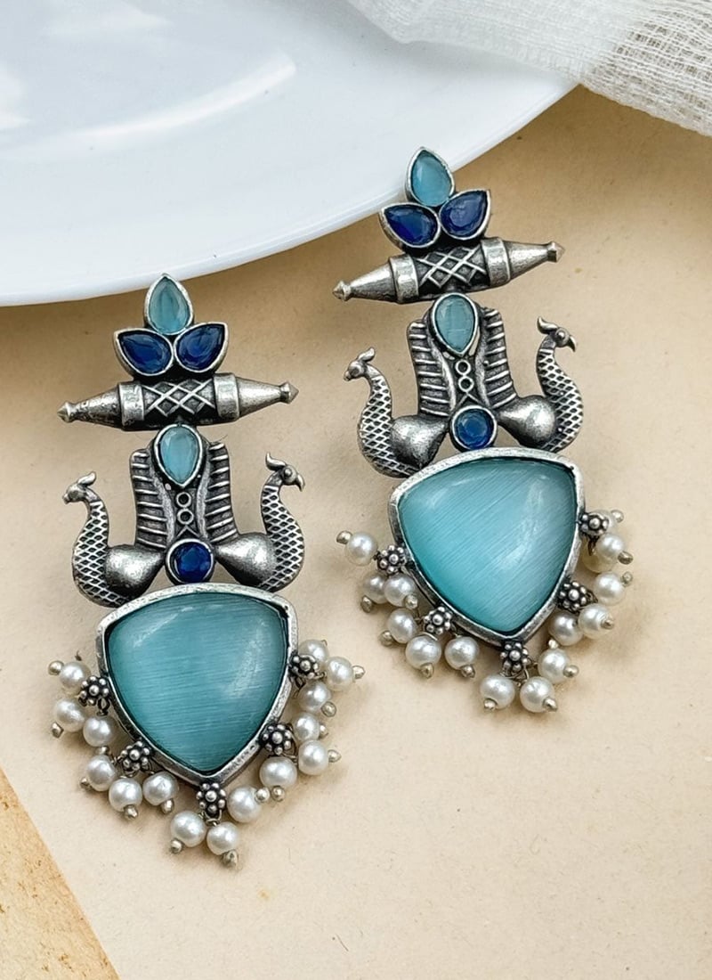 Blue Kundan Motif Statement Dangler Earrings Festive Wear