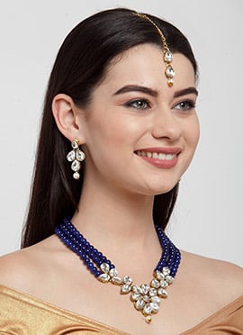 Blue Kundan Pearl Beaded Golden Plated Necklace Set