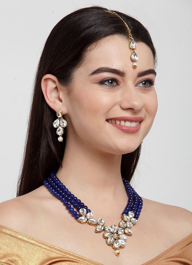 Blue Kundan Pearl Beaded Golden Plated Necklace Set