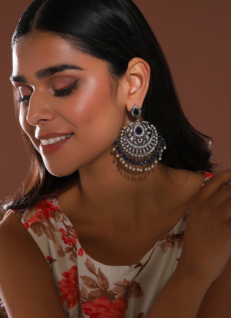 Blue Kundan Stones And Beads Chaand Bali Festive Wear