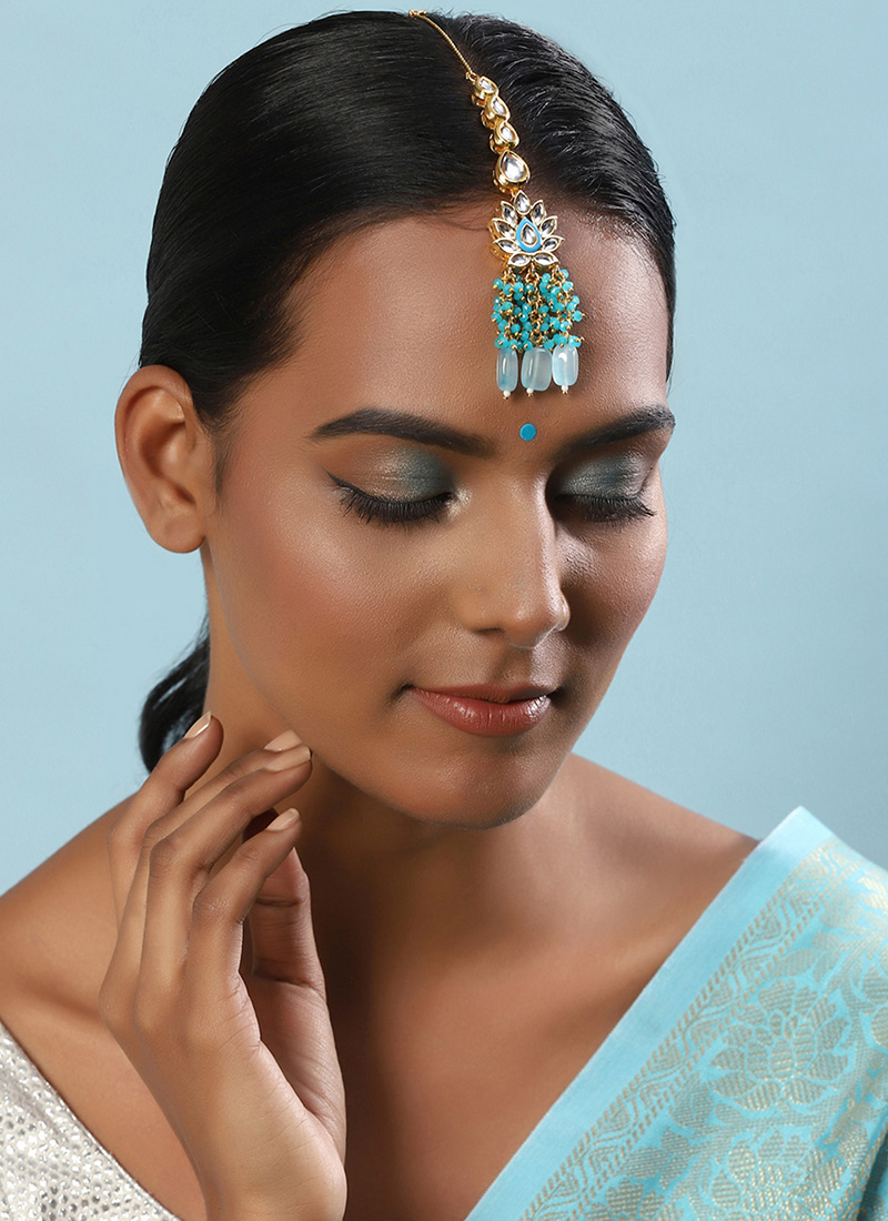 Blue Kundan With Moti And Beads Mangtikka Festive Wear