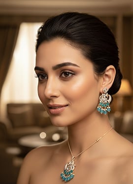 Blue Kundan With Stone And Beads Work Pendent Set