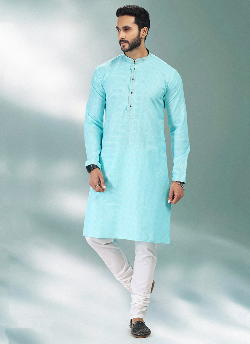 Blue Linen Cotton Embroidery Kurta Pyjama Festive Wear