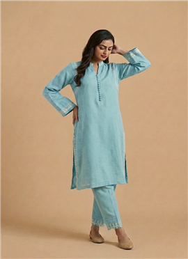 Blue Linen Cotton Kurta Set