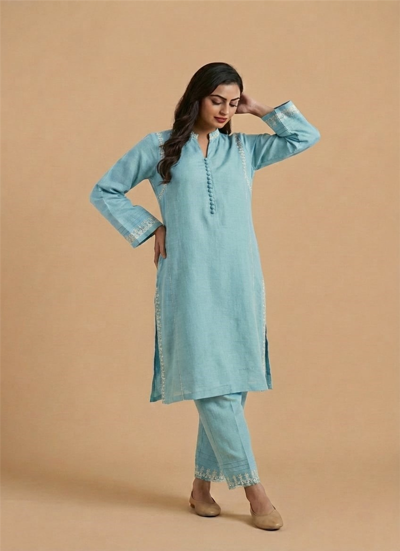 Blue Linen Cotton Kurta Set After Six Wear