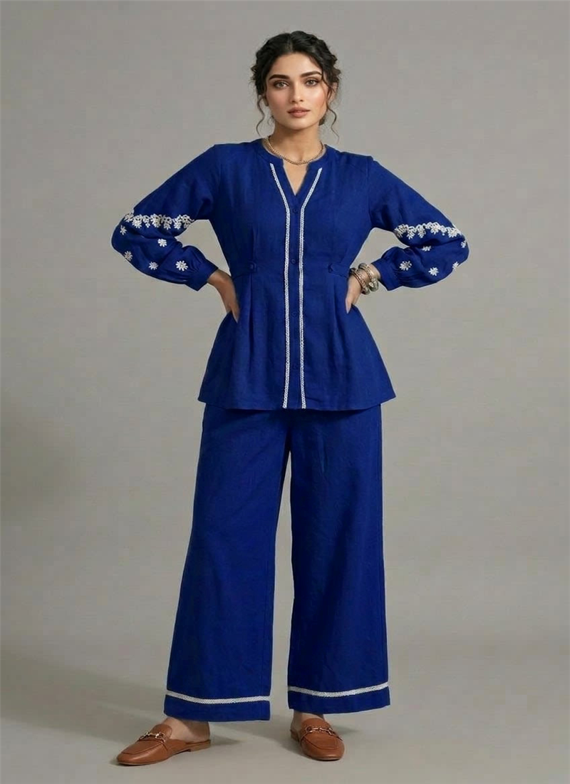 Blue Linen Cotton Stunning Co Ord Set After Six Wear