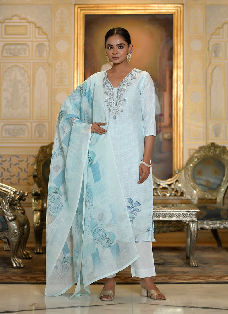 Blue Linen Embroidered Digital Print Straight Pant Suit Festive Wear