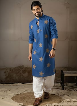 Blue Linen Embroidered Men Kurta Pyjama