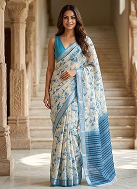 Blue Linen Floral Print Saree
