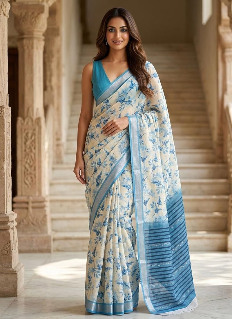 Blue Linen Floral Print Saree After Six Wear