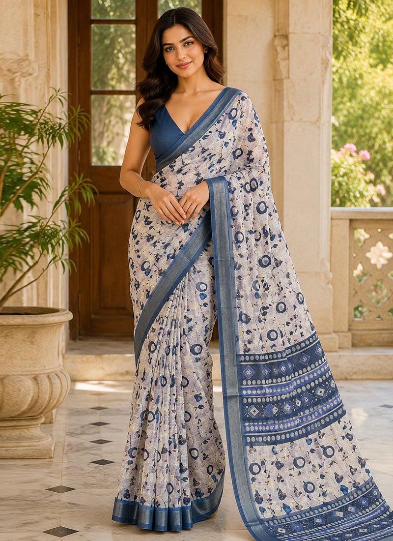 Blue Linen Floral Print Saree After Six Wear