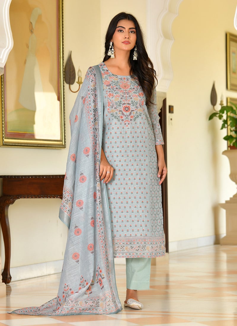 Blue Linen Printed And Zari Straight Pant Suit After Six Wear